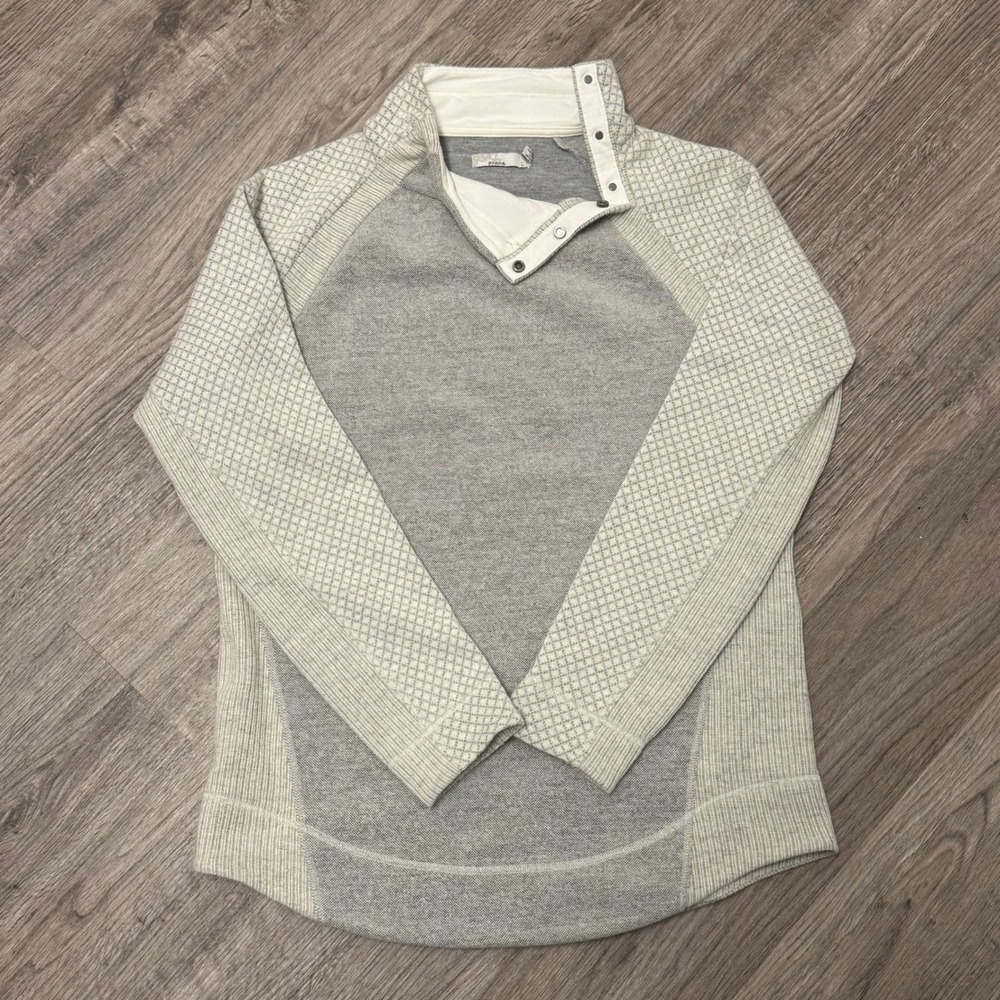 Prana Womens Gray Brandie Sweater Snap Mock Neck Pullover Large Wool Blend‎